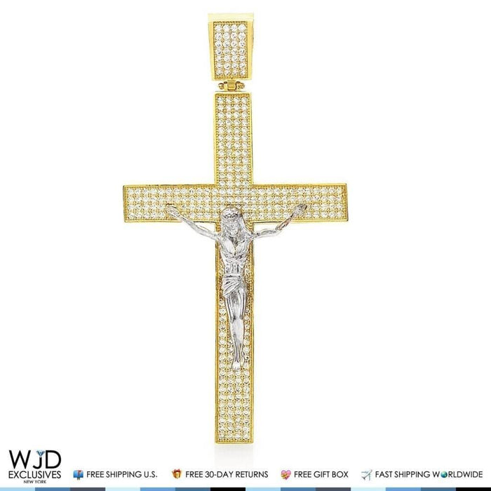 3Ct CZ 14k Yellow Gold Jesus Crucifix Cross Religious Pendant