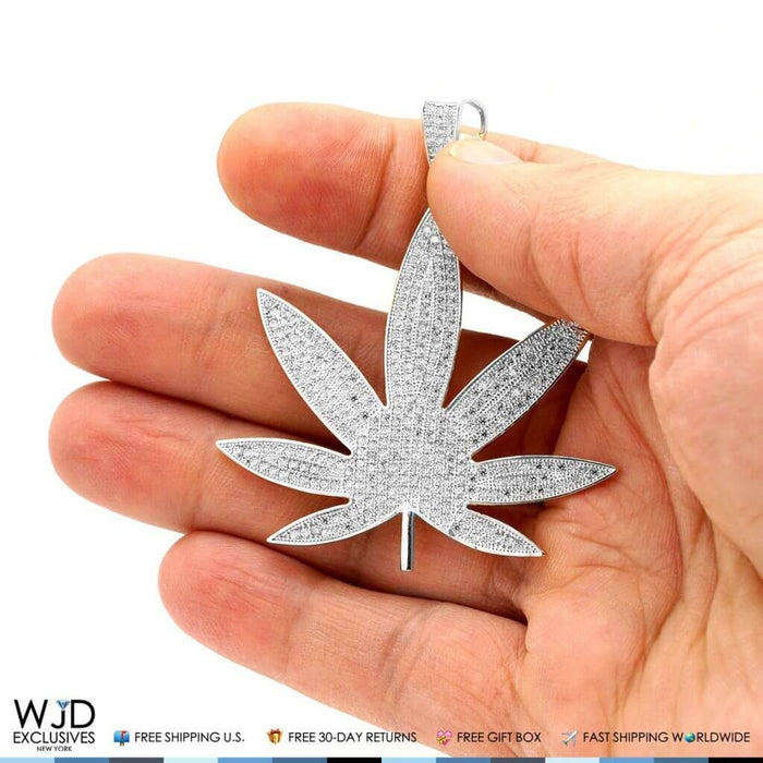 14K White Gold 3CTW CZ Marijuana Leaf Hemp Pendant 2.5"