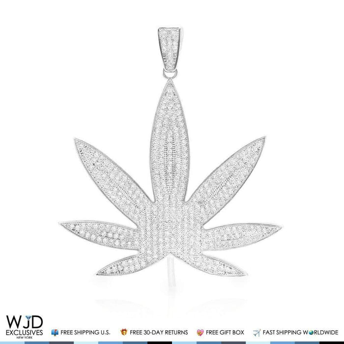 14K White Gold 3CTW CZ Marijuana Leaf Hemp Pendant 2.5"