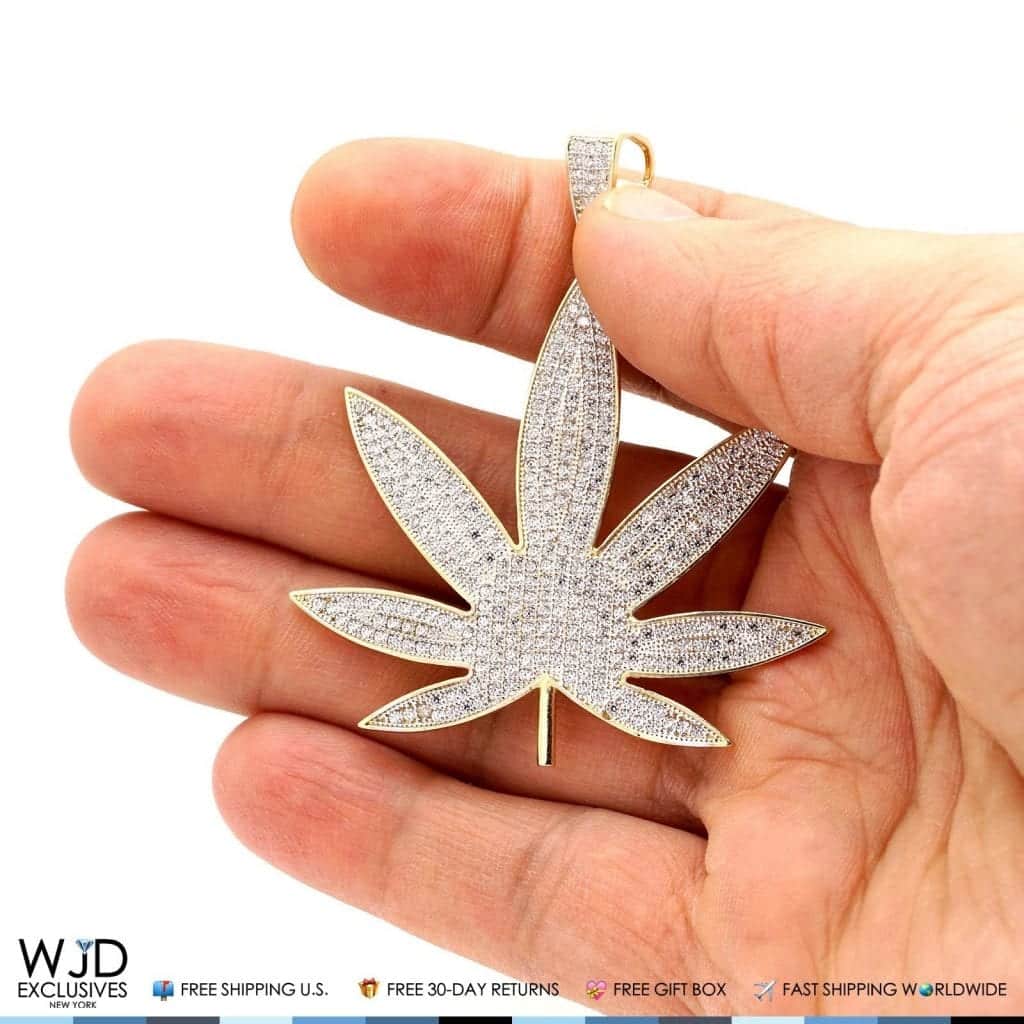 14K Real Gold 3CTW CZ Marijuana Leaf Hemp Pendant 2.5"
