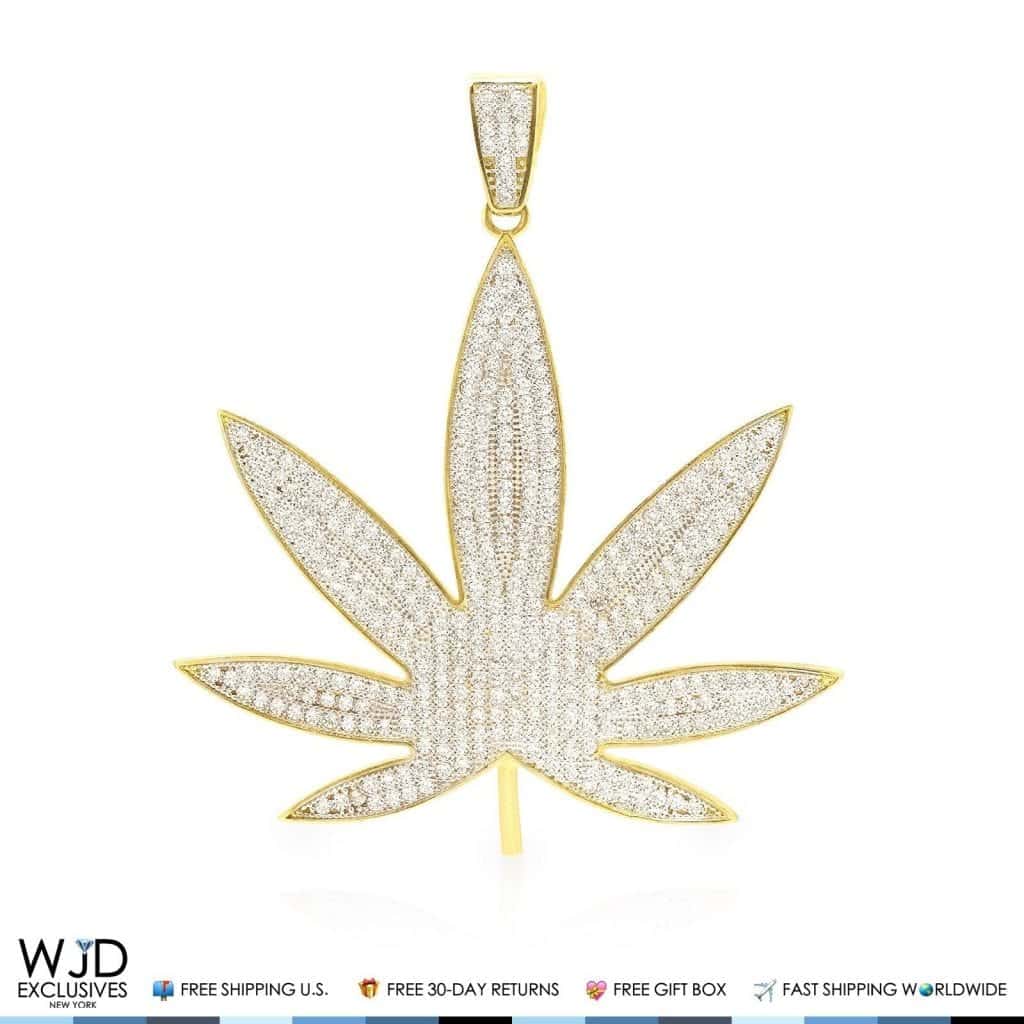 14K Real Gold 3CTW CZ Marijuana Leaf Hemp Pendant 2.5"