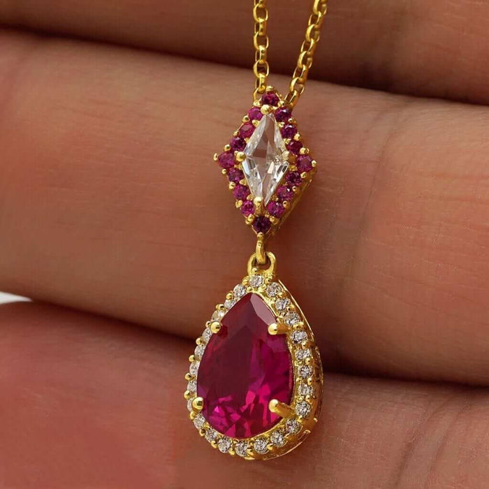 14k Yellow Gold CZ Halo Pear Birthstone Pendant 0.9"