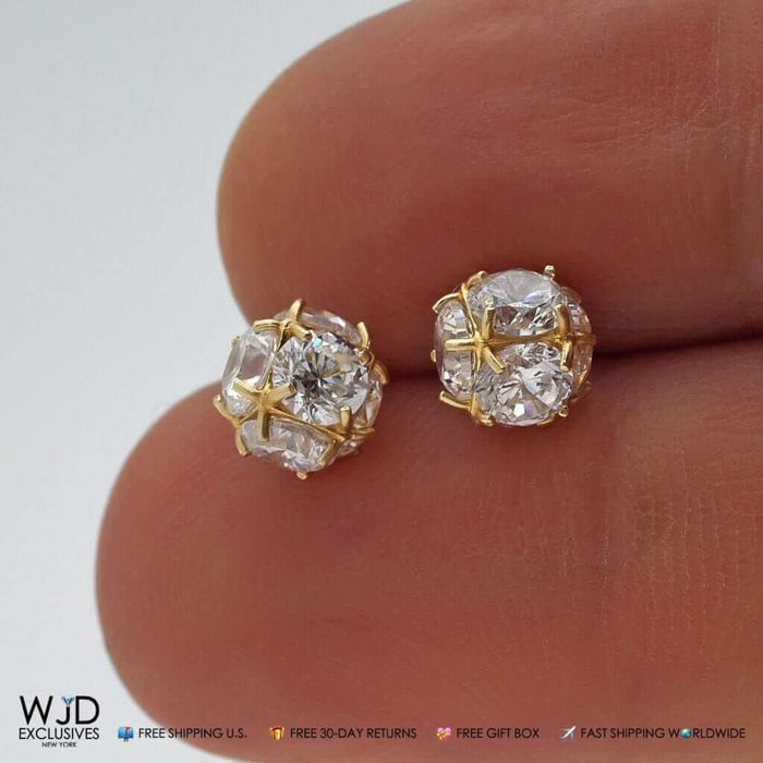 14K Yellow Gold 3Ct Round CZ 7mm Ball Screw Back Stud Earrings