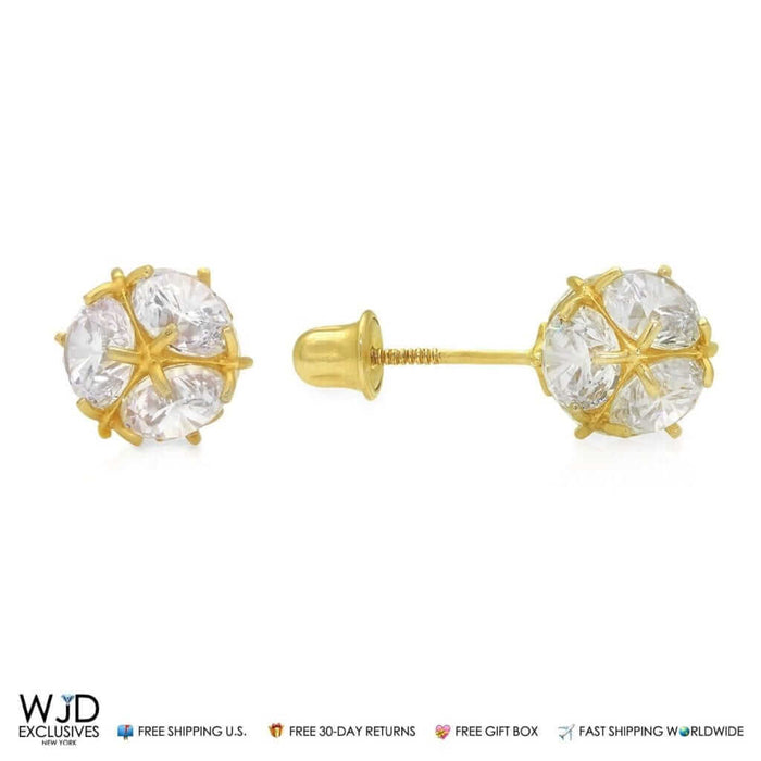 14K Yellow Gold 3Ct Round CZ 7mm Ball Screw Back Stud Earrings