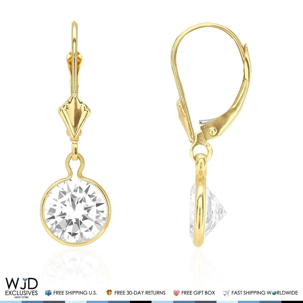 14k Yellow Gold Round Bezel Simulated Birthstone  Drop Leverback Earrings