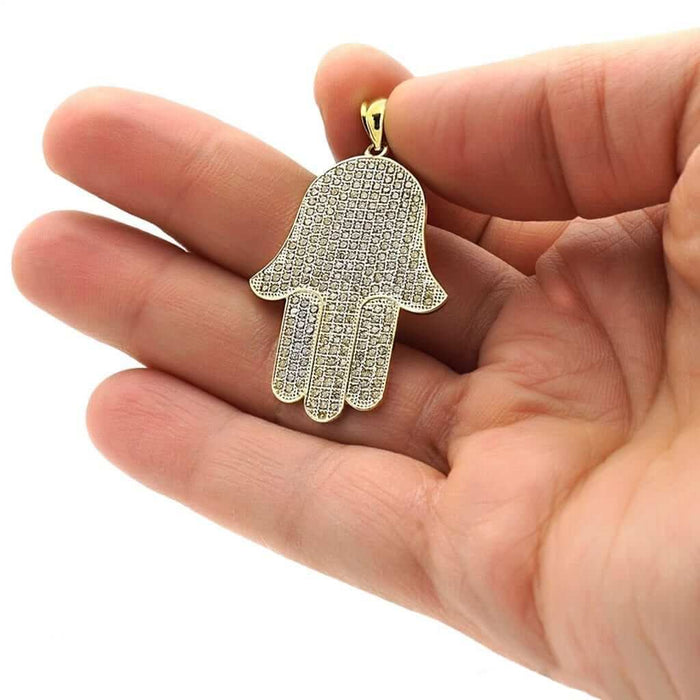 14k Yellow Gold CZ Hamsa Hand Of Fatima Pendant 1.5" 1.8"