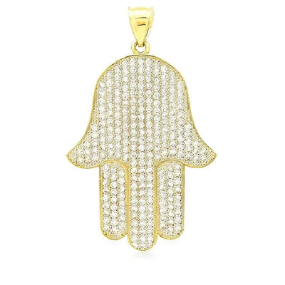 14k Yellow Gold CZ Hamsa Hand Of Fatima Pendant 1.5" 1.8"