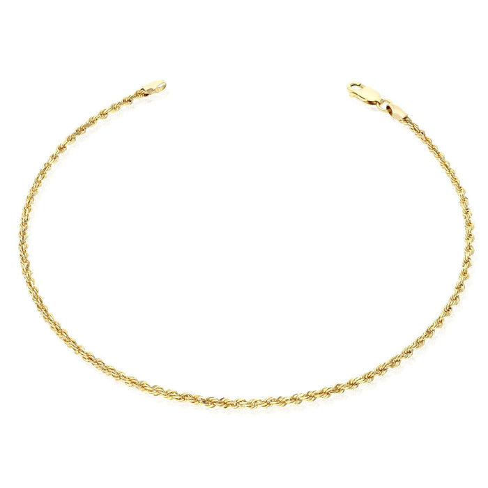 10K Yellow Gold 1.3mm-2mm Diamond-Cut Rope Anklet (Solid Links) 10"