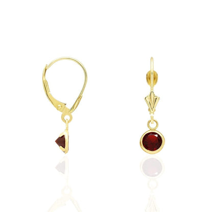 14k Yellow Gold Round Bezel Simulated Birthstone Drop Leverback Earrings