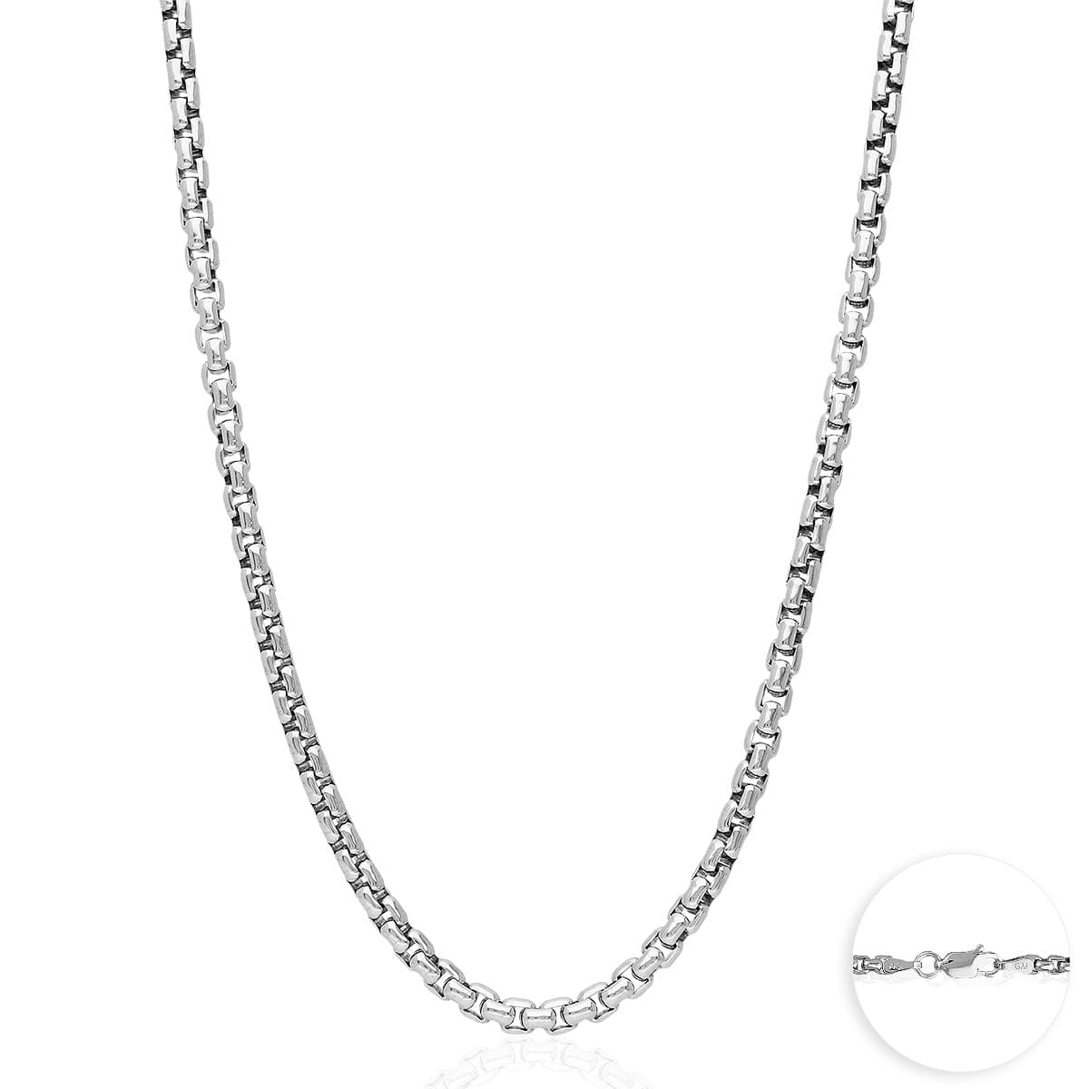 925 Sterling Silver Rhodium Italian Solid Round Box  Chain 0.85-3.7mm 16-30"