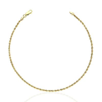 10K Yellow Gold 1.3mm-2mm Diamond-Cut Rope Anklet (Solid Links) 10"