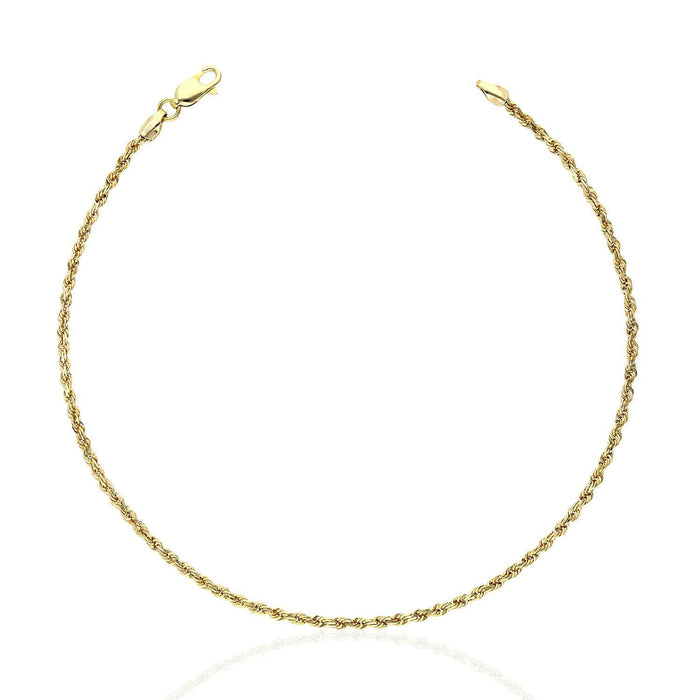 10K Yellow Gold 1.3mm-2mm Diamond-Cut Rope Anklet (Solid Links) 10"
