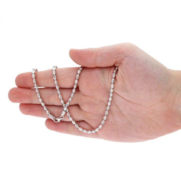 Sterling Silver 2mm-4mm White Half Moon-Cut Oval Barrel Beaded Chain (Solid Links) 18"-26"