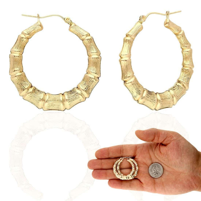 10K Yellow Gold Bamboo Hoop Earrings 17-85mm