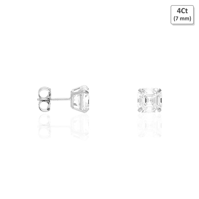 14K White Gold Asscher-Cut CZ Push Back Stud Earrings 1.5Ct-6Ct