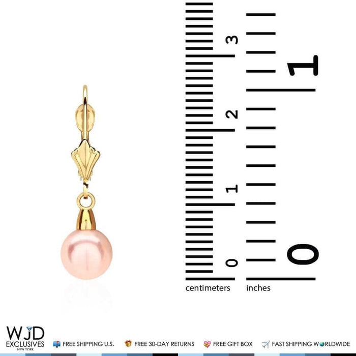 14K Yellow Gold 7mm Pink Pearl Leverback Dangle Earrings