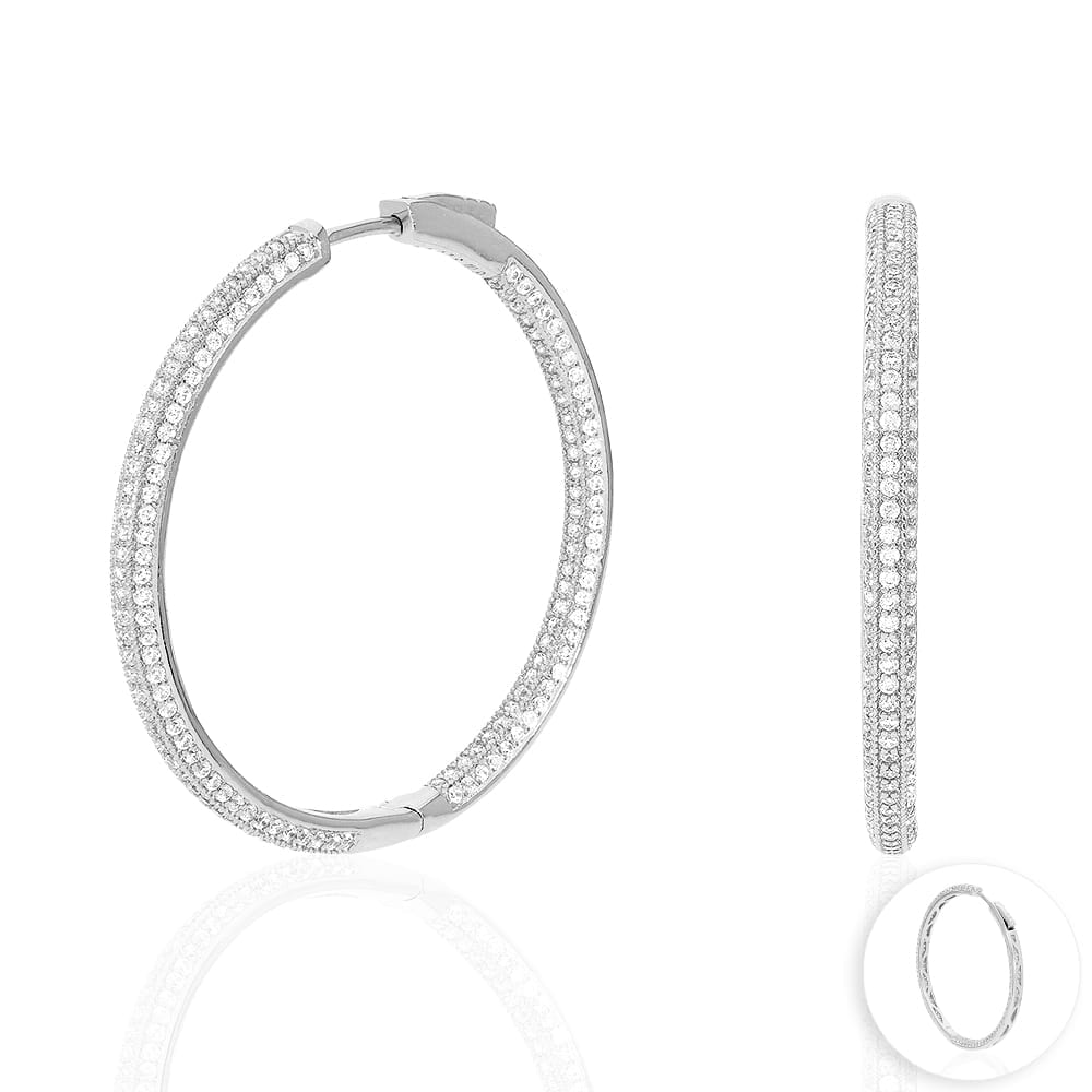 925 Sterling Silver Rhodium Finish Micro Pave CZ Hoop Earrings