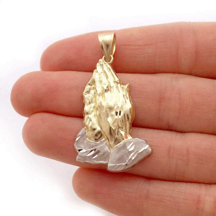 10k Two-Tone Gold Textured Diamond-Cut Praying Hands Pendant 1.18"-4"