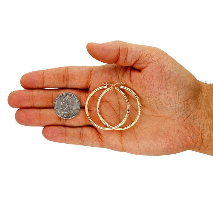 14K Solid Yellow & White Gold 3mm Diamond-Cut Finish Hoop Earrings 19-75mm