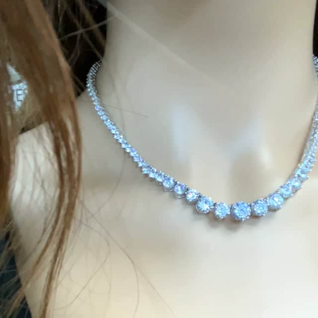 52CT CZ White Gold Over Sterling Silver Graduated Tennis Necklace 16"-18"