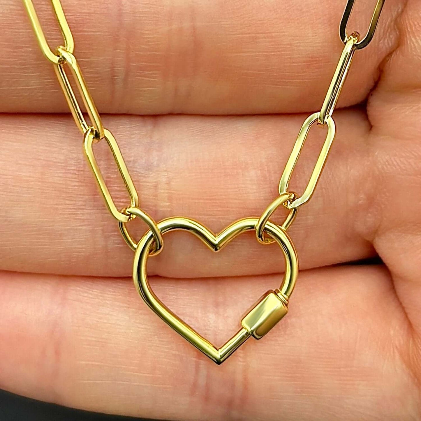 14K Real Gold Carabiner Heart Lock Pendant 4mm Paperclip Necklace 18"