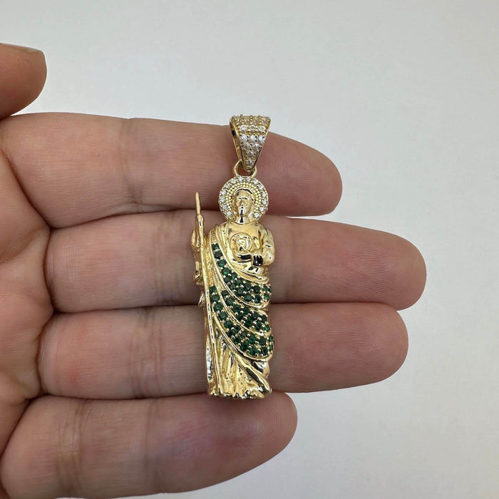 1.25CTW Ruby Emerald 14K Yellow Gold Religious St. Jude Pendant 1.8"