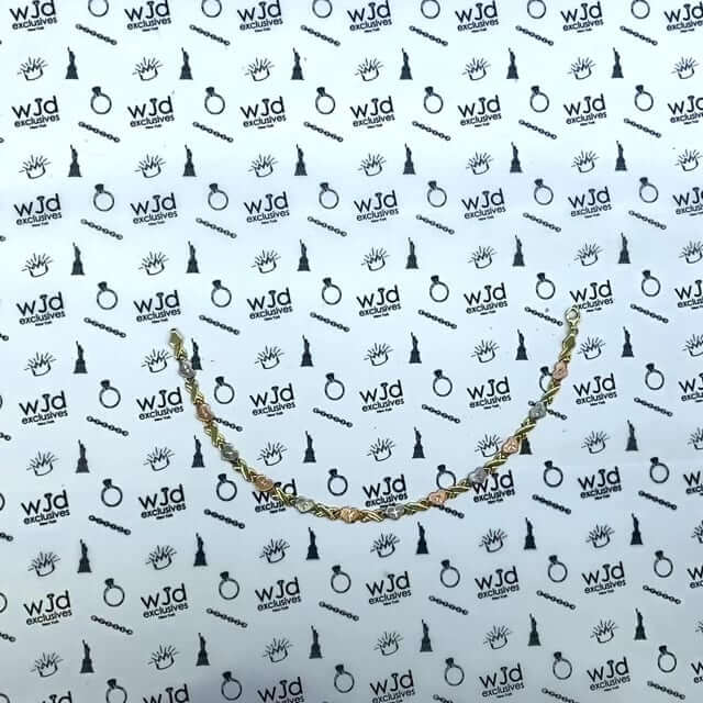 14K Tri-Color Gold Diamond-Cut Stampato Heart and Kisses Anklet (Hollow) 10.5"