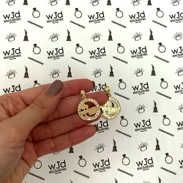 10K Yellow Gold CZ Puerto Rico Palm Tree Medallion Disk Pendant