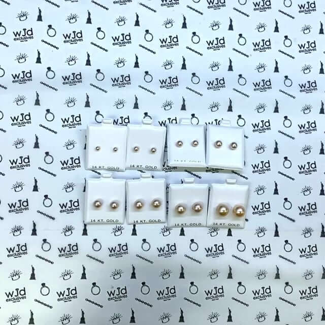 14K Yellow Gold 4mm-12mm Champagne Crystal Pearl Ball Stud Earrings