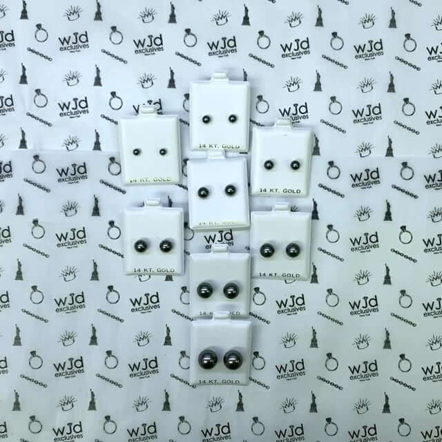 14K Yellow Gold Black Crystal Pearl Ball Push Back Stud Earrings 4mm-12mm