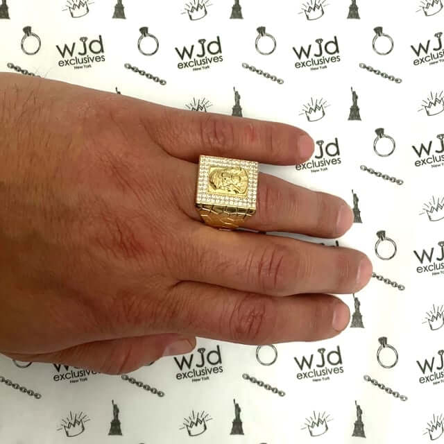 10K Yellow Gold CZ Pave Jesus Head Signet Ring