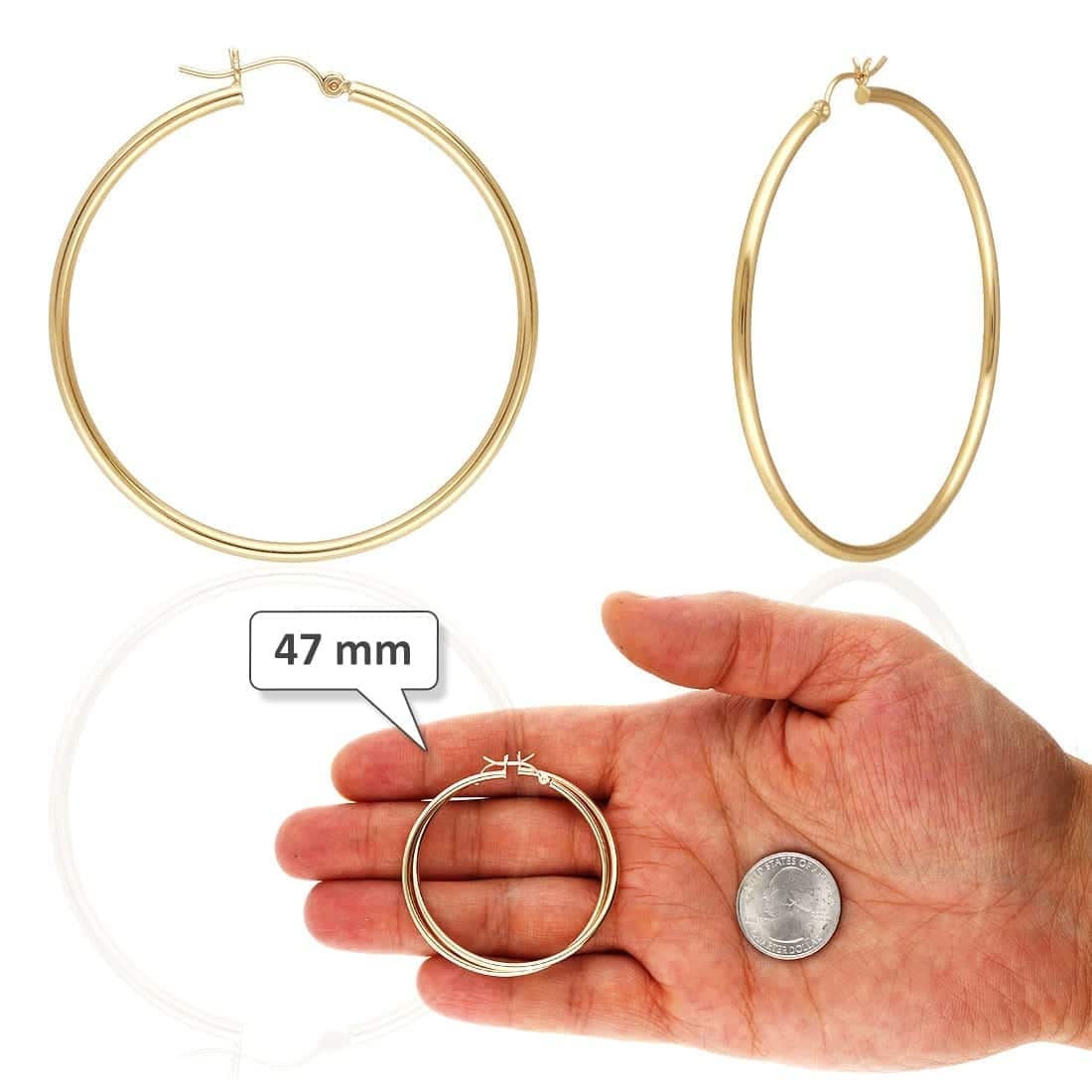 14K Yellow White Gold 2mm Round Hoop Earrings 22mm-76mm
