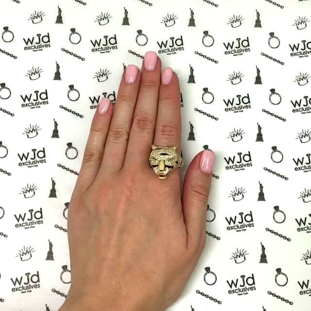 14K Yellow Gold CZ Pave Emerald Eye 3D Tiger Head Ring