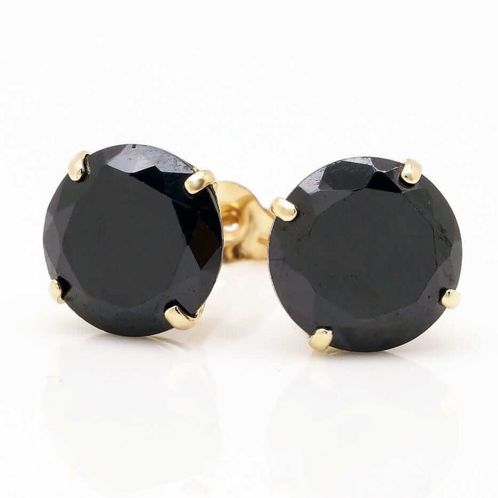 4CT Black CZ Round-Cut 14K Yellow Gold Stud Push Back Earrings 8mm