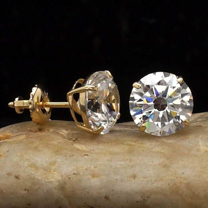14K Yellow Gold 4CTW CZ Round Stud Screw Back Earrings 8mm