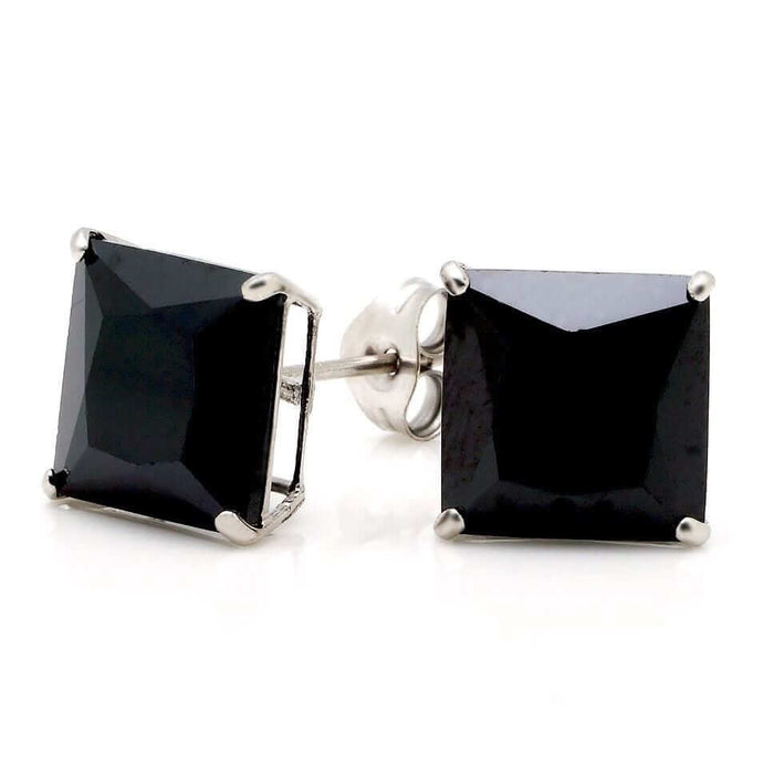 14K White Gold 4Ct Simulated Black Diamond Princess Push Back Stud Earrings 7mm
