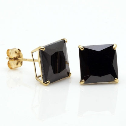 14K Yellow Gold 4Ct Simulated Black Diamond Princess Cut Stud Earrings