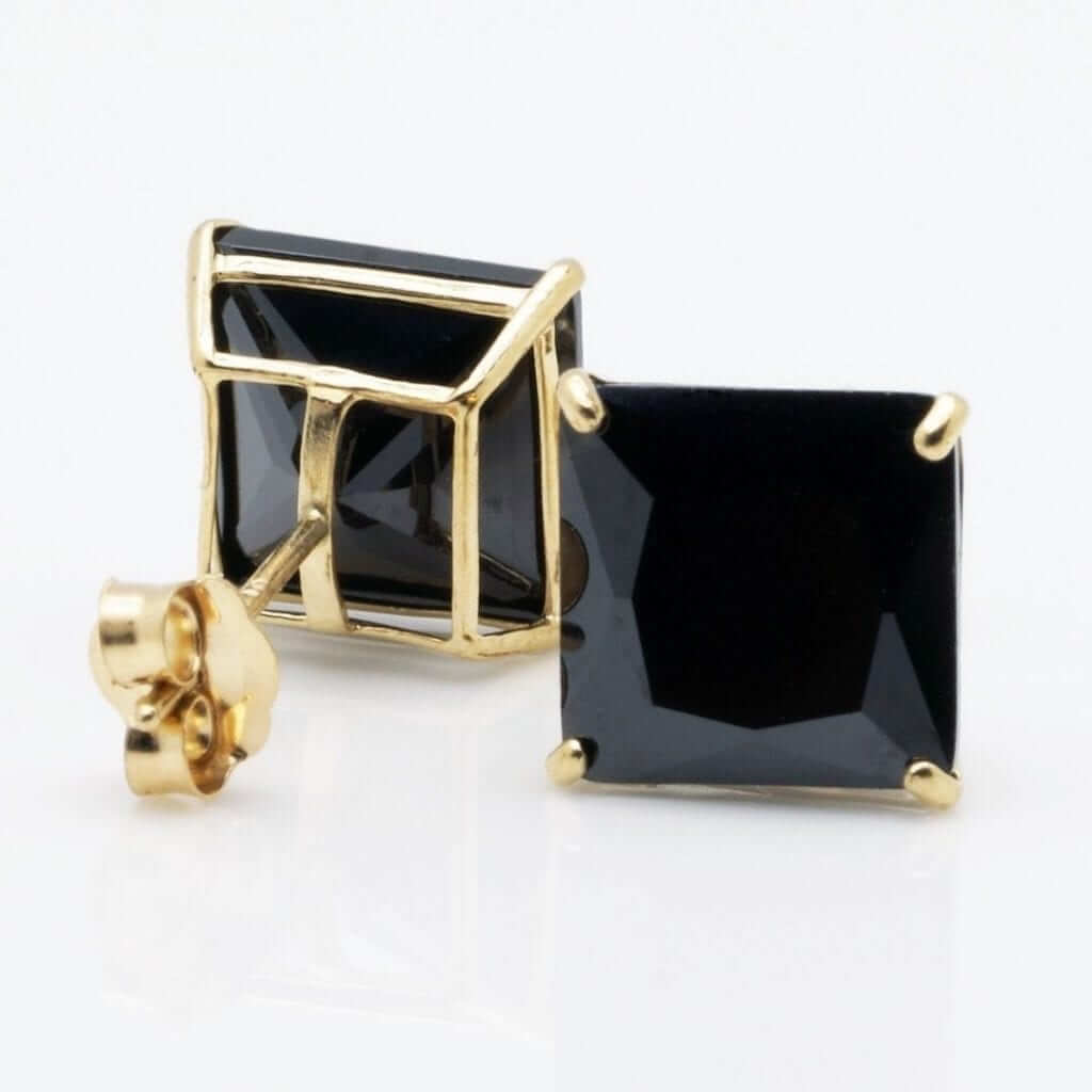 14K Yellow Gold 4Ct Simulated Black Diamond Princess-Cut Stud Earrings