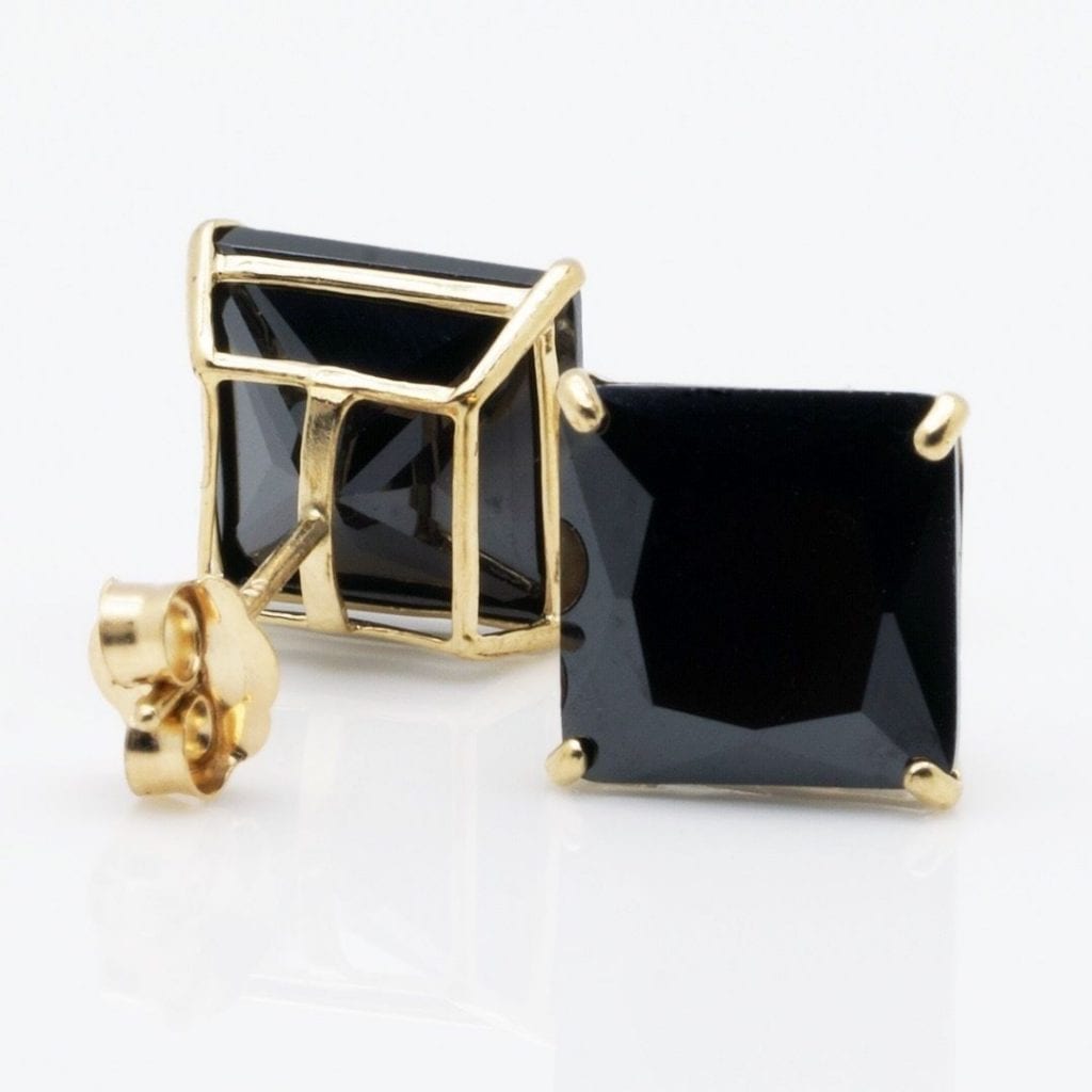 14K Yellow Gold 4Ct Simulated Black Diamond Princess Cut Stud Earrings