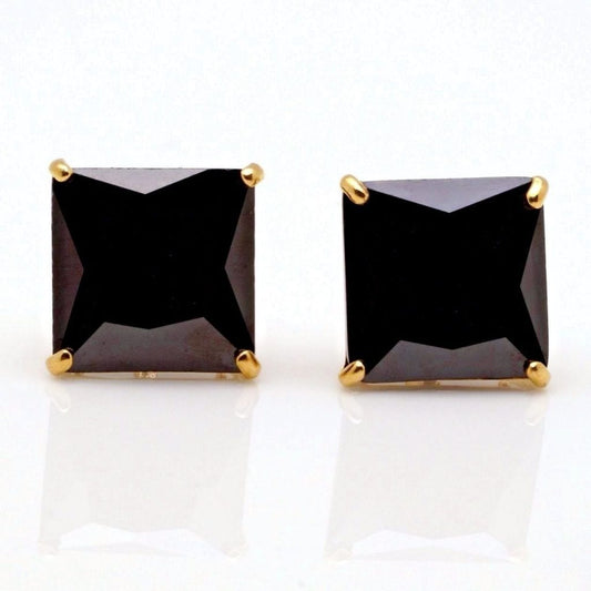 14K Yellow Gold 4Ct Simulated Black Diamond Princess Cut Stud Earrings