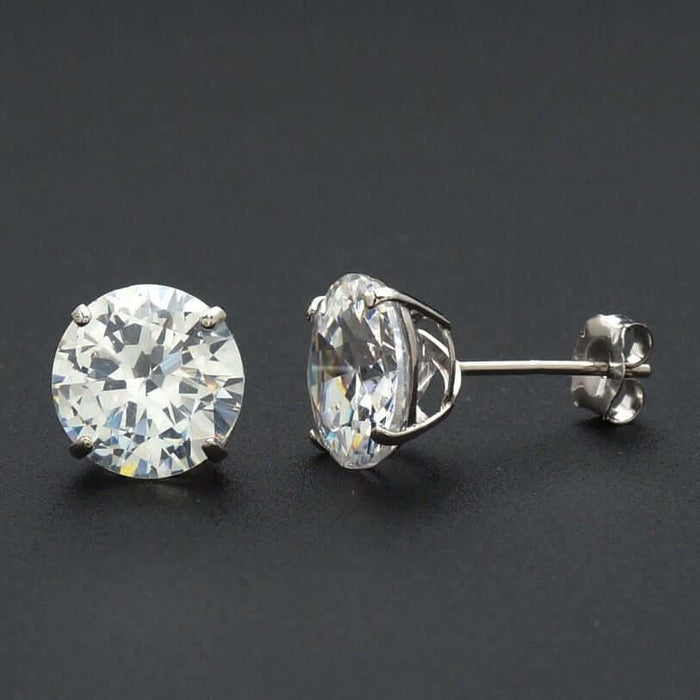 14k White Gold 4CTW Round CZ Push Back Studs Earrings 8mm