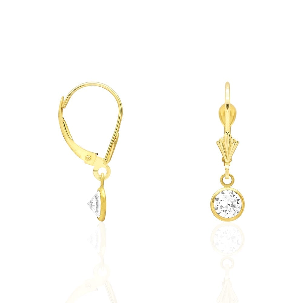 14k Yellow Gold Round Bezel Simulated Birthstone Drop Leverback Earrings