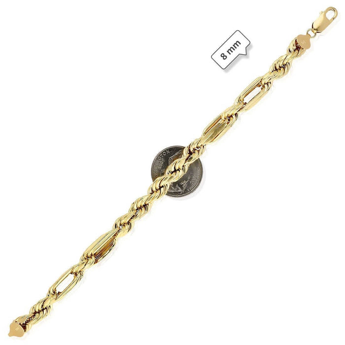 10K Yellow Gold Diamond-Cut Milano 4.5-8mm Figaro Rope Bracelet (Hollow) 8.5"
