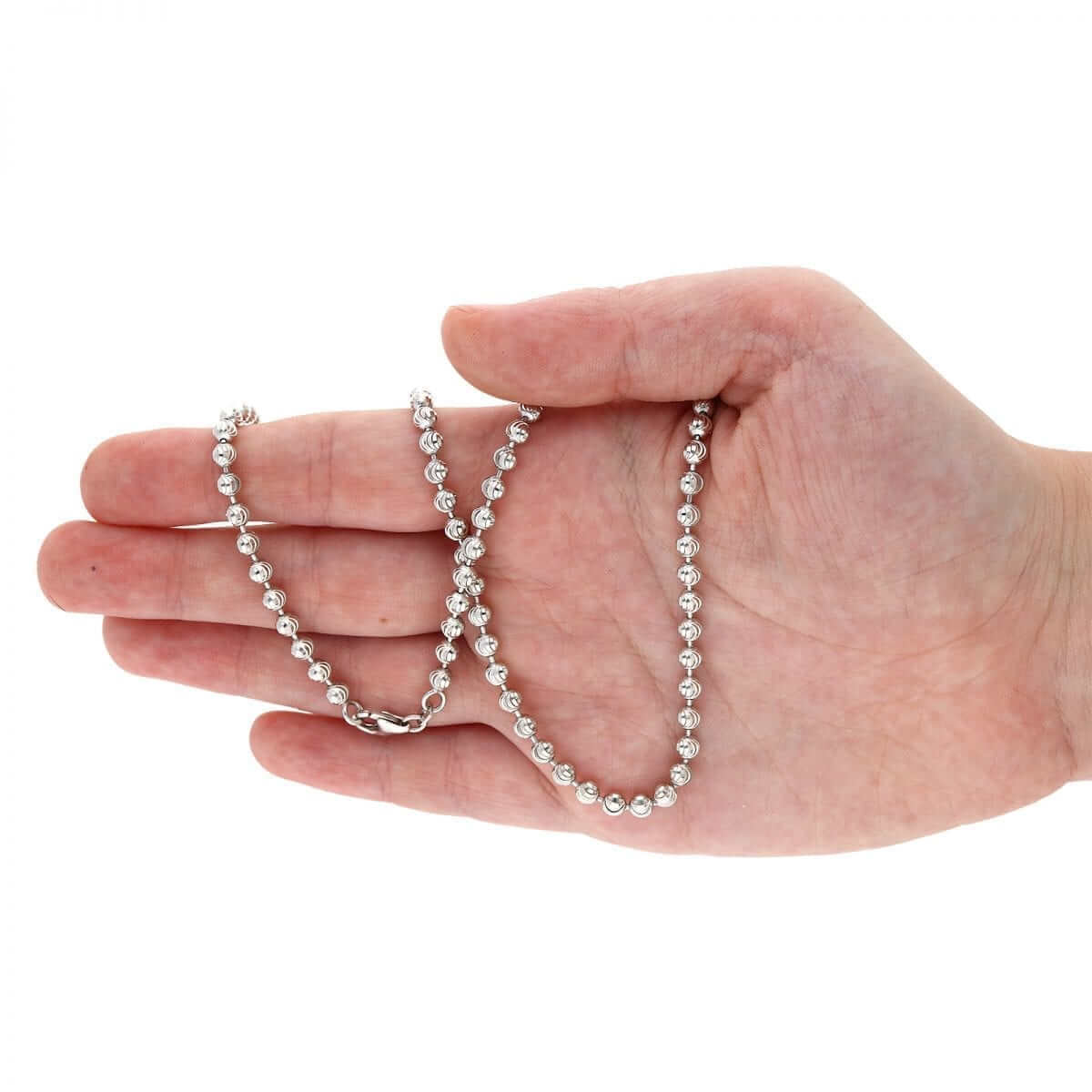 Sterling Silver 4mm 5mm 6mm White Half Moon-Cut Beaded Chain (Solid Links) 18"-30"