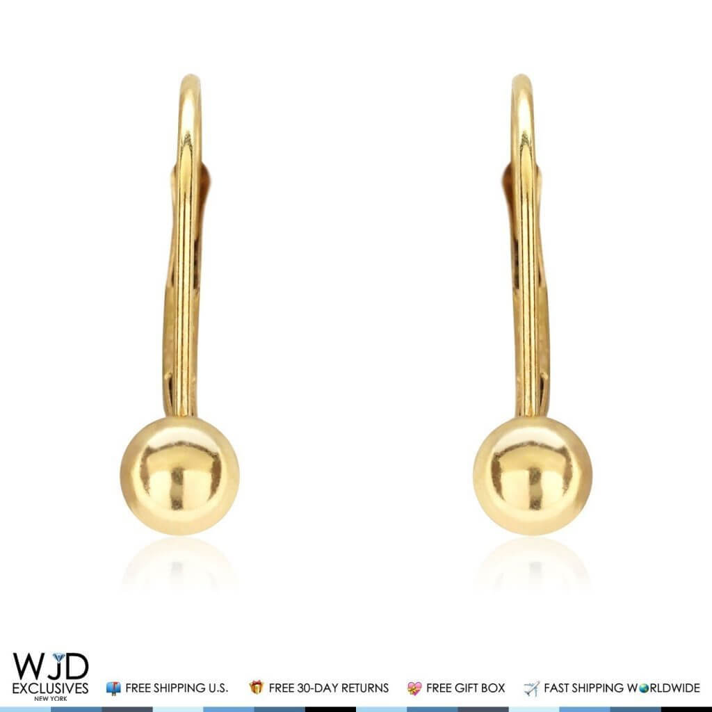 4mm Diameter Ball Lever Back Earrings 14K Yellow Gold 0.7"