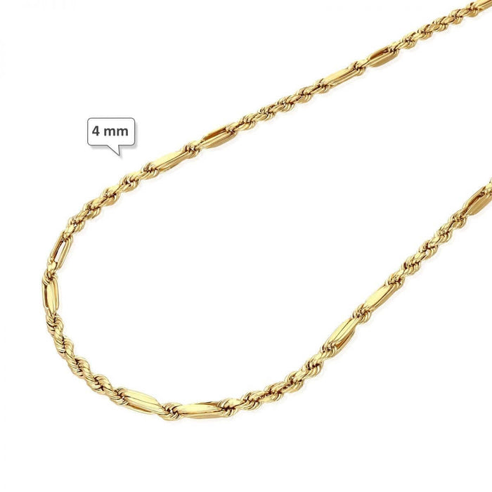10K Solid Gold Diamond-Cut 4-8mm Milano Figaro Rope Chain (Hollow) 20-32"