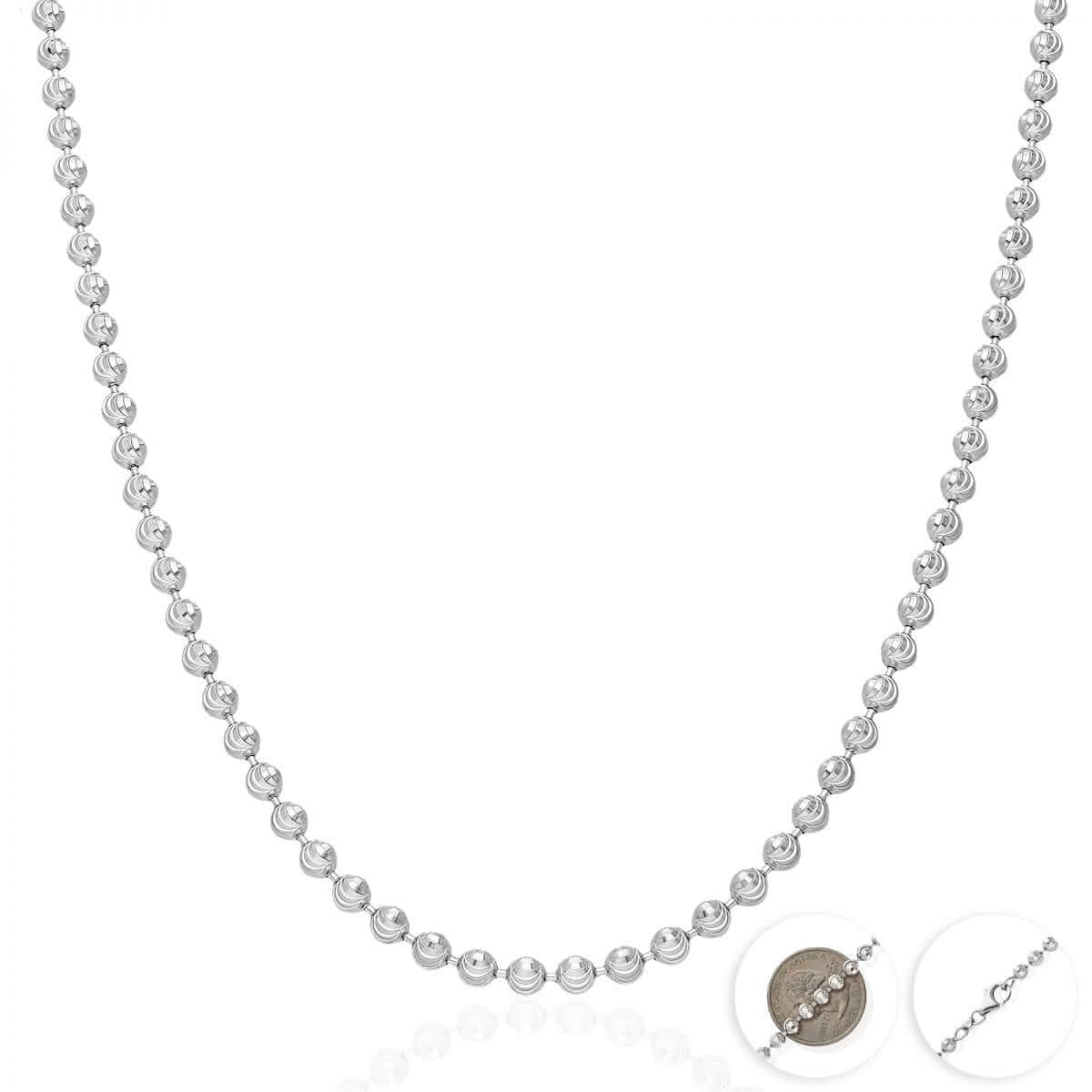 Sterling Silver 4mm 5mm 6mm White Half Moon-Cut Beaded Chain (Solid Links) 18"-30"