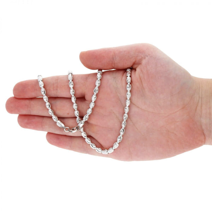 Sterling Silver 2mm-4mm White Half Moon-Cut Oval Barrel Beaded Chain (Solid Links) 18"-26"