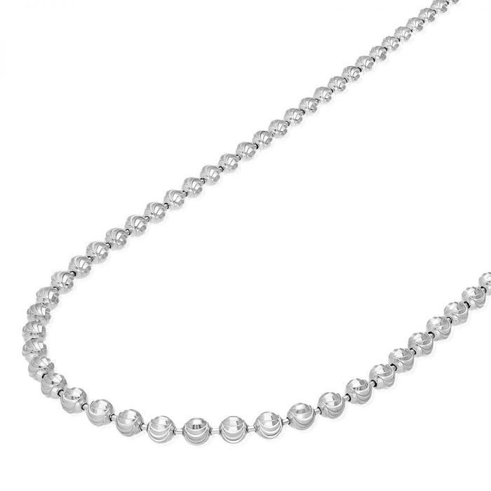 Sterling Silver 4mm 5mm 6mm White Half Moon-Cut Beaded Chain (Solid Links) 18"-30"