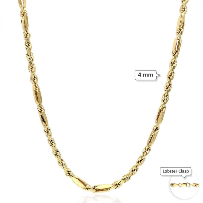 10K Solid Gold Diamond-Cut 4-8mm Milano Figaro Rope Chain (Hollow) 20-32"